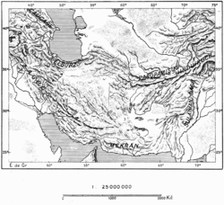 Topographic map of the Iranian Plateau, connected to the Armenian highlands and Anatolia in the west, and to the Hindu Kush and the Himalayas in the east