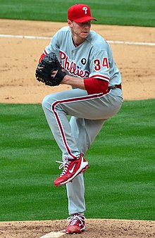 Roy Halladay, delivering a pitch from the mound for the Philadelphia Phillies