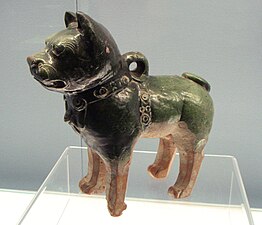 Glazed ceramic dog, collar patterned onto the surface; Eastern Han, 1st century CE.