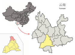 雲南省中の景東県の位置