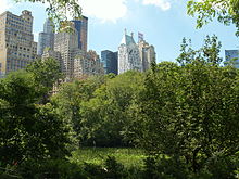 View from Central Park of buildings along Central Park South, including Essex House
