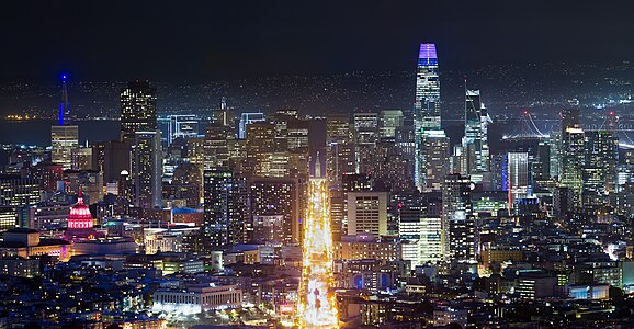 Night panorama of San Francisco, centered around Market St.