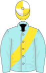 Pale blue, yellow sash, yellow and white quartered cap