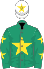 Emerald green, yellow star, yellow stars on sleeves, white cap, yellow star