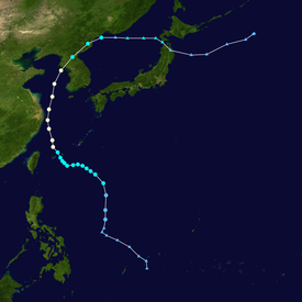 Map showing the path of a tropical cyclone as represented by colored dots. The location of each dot corresponds to the storm's position at six-hour intervals, and the color of each dot denotes its intensity at that position.