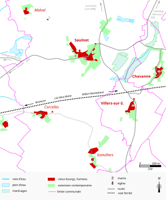 Vue d'une carte en couleur représentant les étapes de développement du bâti d'un bourg.