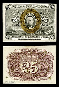 Second issue of the twenty-five-cent fractional currency, by the United States Department of the Treasury
