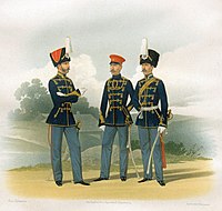 Штаб-офицеры в повседневной форме, в венгерке и обер-офицер в дежурной форме (1855-1857)