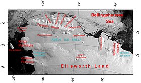 (en) Localisation de la barrière d'Abbot, entre la côte de Eights et l'île Thurston.