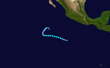 An image depicting the track of a short-lived and weak tropical storm.