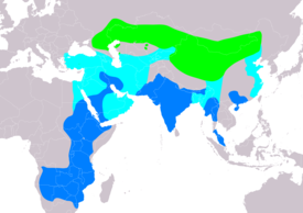 Vaaleanvihreä - pesimisalue, Sininen - talvehtimisalue, Tummanvihreä - esiintyy ympäri vuoden