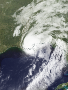 Satellite image of a Category 1 hurricane over Louisiana