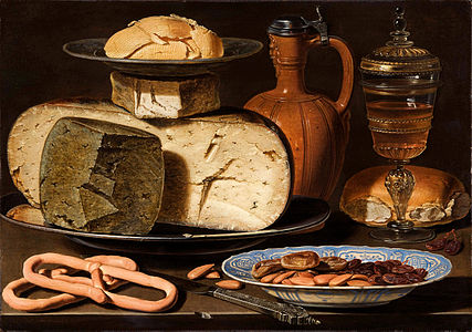 Still Life with Cheeses, Almonds and Pretzels, by Clara Peeters
