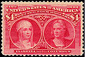 Sello de 4 $. Isabel y Colón. Fue el primer sello de Estados Unidos con el retrato de una mujer. El siguiente con una mujer representaba a Martha Washington y se emitió en 1902.[102]​