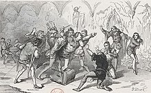 Illustration en noir et blanc d'un homme tentant d'assassiner un jeune homme.