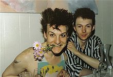 Nick Marsh and Kevin Mills of Flesh for Lulu during a dinner interview in San Francisco, 1987