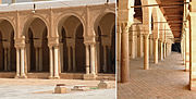 Deux photographies du portique oriental de la cour. Celle de gauche montre une partie de sa façade, alors que celle de droite est une vue intérieure.