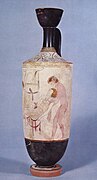 Hypnos et Thanatos emportant le corps d'un défunt, lécythe à fond blanc du peintre de Thanatos, c. -440.