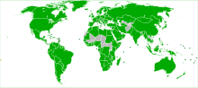 A map highlighting the majority of the world's countries