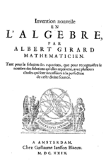 Page de couverture de Invention nouvelle en l'Algèbre d'Albert Girard, publié à Amsterdam en 1629 par Blauew.