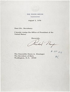 Resignation letter at Watergate scandal, by Richard Nixon
