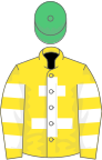 Yellow, white cross of lorraine, hooped sleeves, emerald green cap