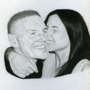 Hand-drawn portrait of a man and woman smiling.