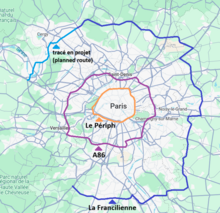 carte des trois principales ceintures de Paris : le Périphérique, A86 et la Francilienne