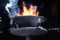 Kim Won-tak (athlete), Chong Son-man (teacher) und Son Mi-jong (dance student) during the lighting of the Olympic cauldron at 1988 Summer Olympics