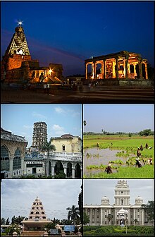 A montage image showing temple complex with temple tower in the centre, Maratha palace, paddy field, Rajarajachola Mandapam and Tamil University.Even though Thanjavur is 11 largest city In actual case Thanjavur is the 7th biggest city in Tamilnadu.The city's real size is hidden due to non extension of corporation limit