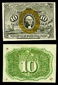 Second issue of the ten-cent fractional currency, by the United States Department of the Treasury