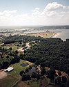 Aerial view of Robert S. Kerr Lock and Dam, impounding Robert S. Kerr Reservoir on the Arkansas River