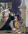 Tentación de Santo Tomás de Aquino, por Diego Velázquez. Cuando era novicio, Santo Tomás ahuyentó a una prostituta con un tizón encendido.
