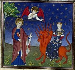 In the Middle Ages, scarlet also symbolized sin. The Whore of Babylon, depicted in a 14th-century French illuminated manuscript riding a scarlet beast. The woman appears attractive, but is wearing scarlet under her blue garment.
