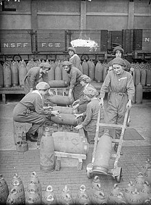 Des femmes en tenues de travail fabriquent et transportent des obus à la chaîne.