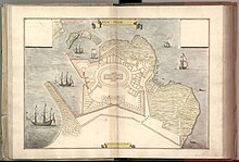 A handdrawn map of a star fortress. There are multiple ships and boats offshore.