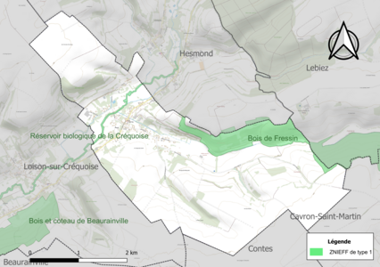 Carte des ZNIEFF de type 1 sur la commune.