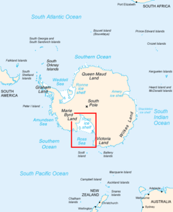 Outline map of continental Antarctica also showing parts of Australia, New Zealand, South America and South Africa. Various landmarks on the continent and in the surrounding oceans are labelled.