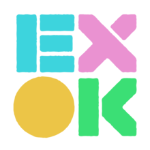 Four stylised letters of different colours arranged in 2-by-2 grid reading "EXOK"