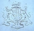 Coat of arms on a silver waiter dated 1732, showing arms of Fane impaling Stanhope, for Charles Fane and his wife Mary, possibly a 25th wedding present.
