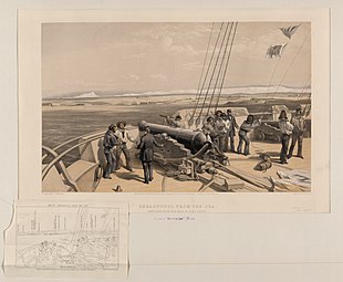 Sebastopol from the sea - sketched from the deck of HMS Sidon. The men are operating a 68-pounder 88 cwt smoothbore muzzle-loading gun.