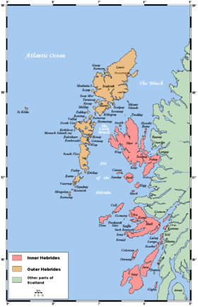 A map of the island chain of the Outer Hebrides that lie to the west with numerous other islands—the Inner Hebrides—closer to the mainland of Scotland in the east.