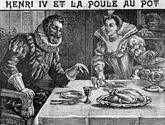 Dessin en noir et blanc montrant un homme assis à une table se préparant à manger, une femme s’apprêtant à le servir.