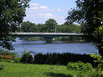 Jacques-Bizard Bridge seen between trees.