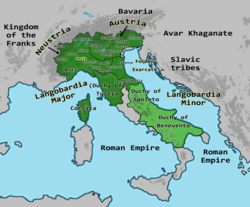 The Lombard Kingdom in 740, under King Liutprand.