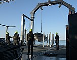 Il team di supporto SpaceX a bordo della nave di recupero GO Navigator schierano una delle barche veloci poco prima dell'atterraggio della navicella spaziale Crew Dragon Endeavour con gli astronauti della NASA Robert Behnken e Douglas Hurley a bordo, a seguito del rientro della missione Demo 2 avvenuto domenica 2 agosto 2020 nel Golfo del Messico al largo il costo di Pensacola, in Florida.