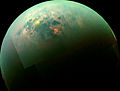 This false-color mosaic, made from infrared data collected by NASA's Cassini spacecraft, reveals the differences in the composition of surface materials around hydrocarbon lakes at Titan, Saturn's largest moon.