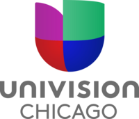 The Univision network logo, a 3D compilation of purple, red, green and blue elements that loosely form the letter U. Underneath are the words "Univision" and "Chicago" in two lines in a gray sans serif, with the name "Univision" in unicase.