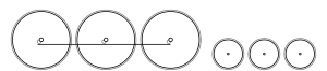 Diagram of three large driving wheels joined by a coupling rod, and three small trailing wheels