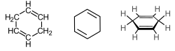 Skeletal formula with all implicit hydrogen shown, skeletal formula; stereo, skeletal formula with all explicit hydrogens added, all of 1,4-cyclohexadiene